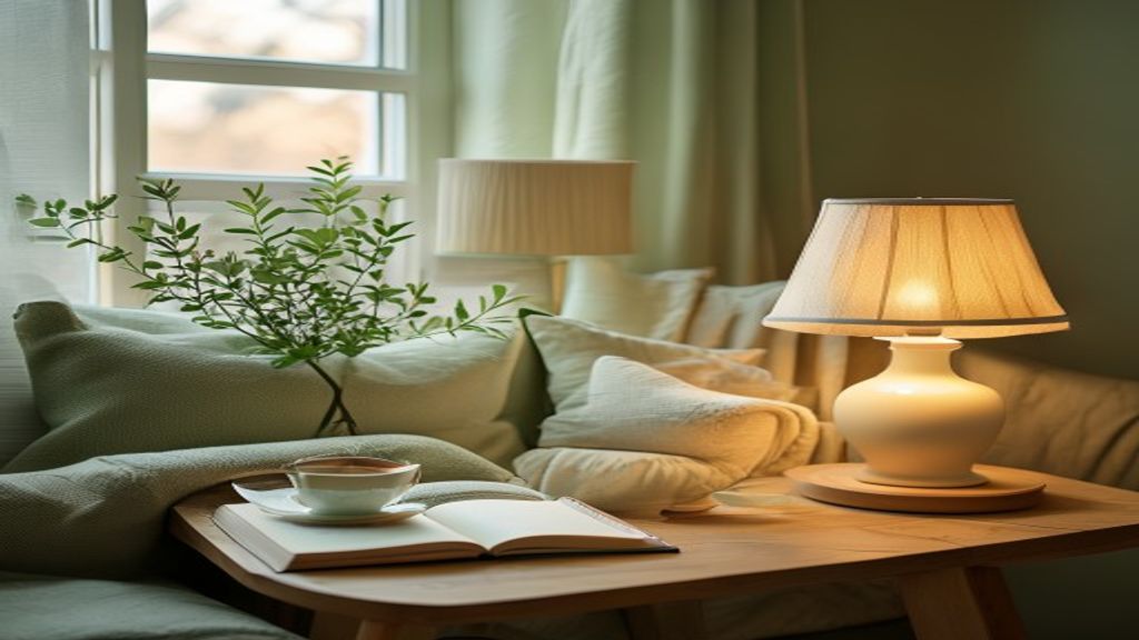 A person in a peaceful evening space with soft lighting, tea, and books on a wooden table